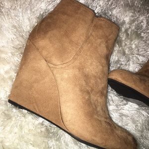 Tan Velvet Wedge Booties